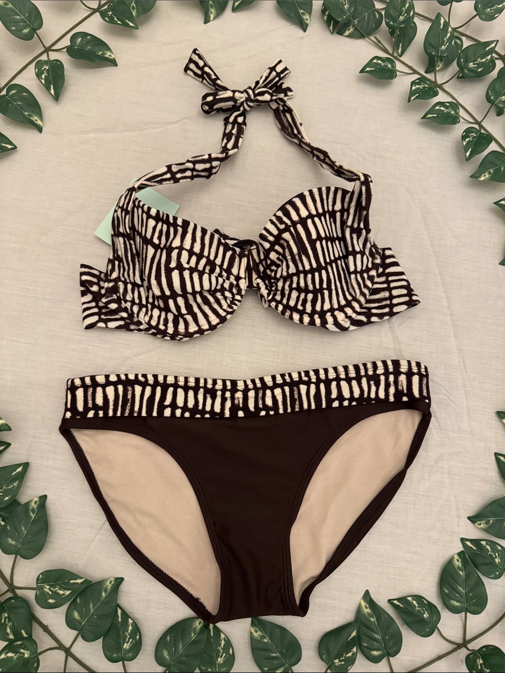 MARINA Black and Cream Abstract Halter Bikini Set